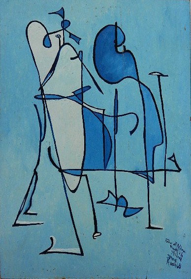 Beni Kosh oil: Beni Kosh- ''Pere et Mere Noel a la Mildred''- oil on masonite, 1968, signed Pere et Mere / Noel a la / Mildred / Beni / Kosh 68- lower right, estate stamped and numbered 331 verso, very good conditio