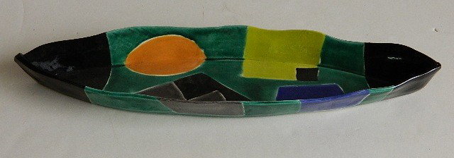 Judith Salomon ceramic tray: Judith Salomon- Tray- ceramic tray, signed Salomon on base, inscribed 'Art / Forever / with much love and appreciation / SPACES / November 8, 2003' 20 x 5 1/2 x 1 3/4''