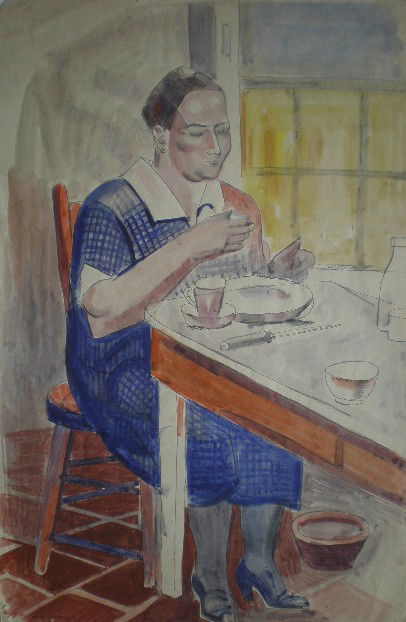 William Sommer watercolor and ink: William Sommer- Mrs. Sommer At A Table- watercolor and ink. 19 x 12 1/2''