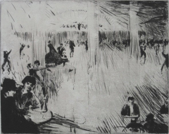 John R. Barclay drypoint: John R. Barclay- ''Paris Dance Hall''- drypoint, signed in pencil lower right, slightly light struck. 7 3/4 x 9 7/8''