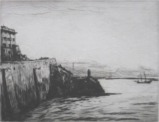 Muirhead Bone drypoint: Muirhead Bone- Evening, Genoa- drypoint, 1915, signed in pencil, very good condition. 7 1/2 x 9 7/8''