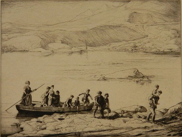 Charles W. Cain etching and drypoint: Charles W. Cain- ''The Ferry at Farfar''- etching and drypoint, ca. 1930, signed and numbered 41/77 in pen, very slightly light struck, a rich impression printed on light tan paper on a full sheet. A 