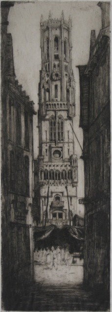 David Y. Cameron etching: David Y. Cameron- ''The Belfry at Bruges''- etching and drypoint, 1907, signed in pencil, very good condition. No. 6 in the Belgian set. The Belfry was etched during the great annual festival of Le Sa