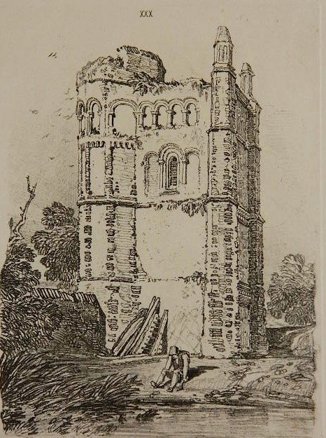 John S. Cotman soft-ground etching: John S. Cotman- ''Brandsby Tower, Yorkshire'' (Popham 366)- soft-ground etching, ca. 1838, printed on a full sheet of cream laid paper, minor foxing and staining in margins. Illustrated: Print Collect