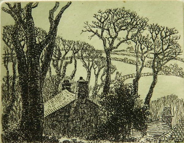 Eleanor Mary Hughes 2 etchings: Eleanor Mary Hughes- ''Farmhouse with Birds''; ''Farmhouse with Fields: Just Above The Farm''- 2 etchings, stamped signatures, very good condition. Born in New Zealand to Cornish parents, she came to 