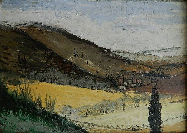 Christopher Miers oil: Christopher Miers- ''Paysage a Italie''- oil on masonite, signed Ch. Miers lower center, titled on frame verso, very good condition. 10 x 13 1/2''