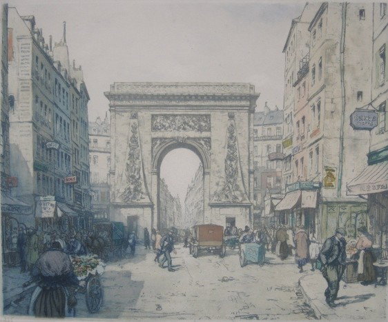 Tavik F. Simon aquatint in colors: Tavik F. Simon- ''Porte St. Denis, Paris'' (Baker 187)- soft-ground and aquatint in colors, 1922, signed and numbered 225 in pencil, very good condition. 12 3/4 x 15 3/8''