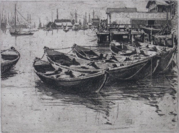 Jan C. Vondrous etching and drypoint: Jan C. Vondrous- ''Seine Boats, Gloucester''- etching and drypoint, 1916, signed and dated in pencil, very good condition. 12 1/4 x 8 7/8''