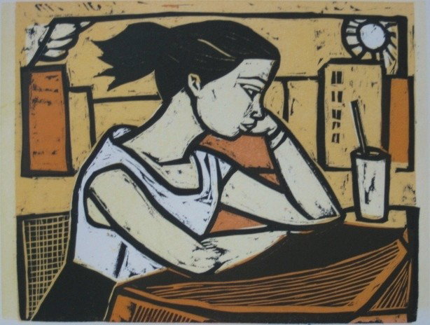 Irving Amen woodcut: Irving Amen- Pensive Girl- woodcut in colors, signed, titled and annotated 'T/P' and 'trial proof' in pencil. 9 x 12''