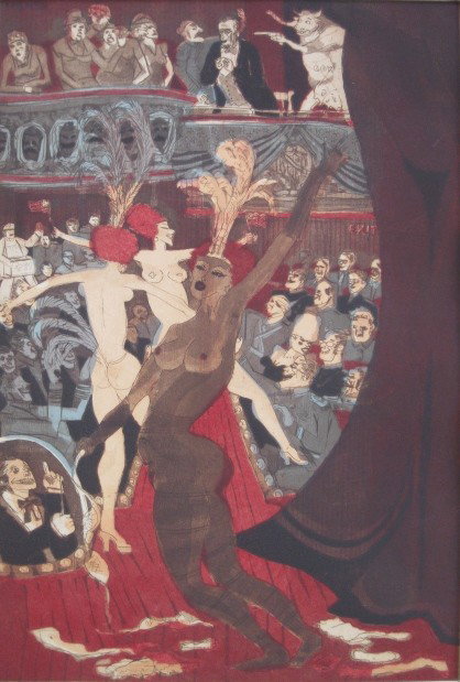 Warrington Colescott etching: Warrington Colescott- ''Prime Time Series: Lincoln at Ford's Theater'' (Chapin 184)- soft ground etching, drypoint and aquatint in colors, 1973, signed, dated, titled and numbered 26/75 in pencil, ver