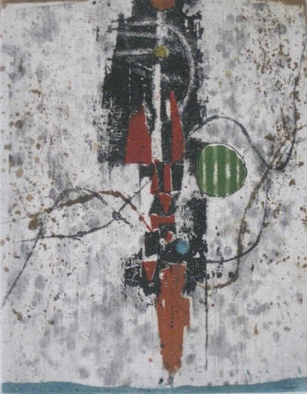 Johnny Friedlaender etching: Johnny Friedlaender- Untitled- etching in colors, signed and annotated 'E.A.' in pencil, light struck and mat burn, sandwiched. 5 1/2 x 4 1/4''