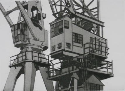 Sidney Hurwitz etching, drypoint and aquatint: Sidney Hurwitz- ''Antwerp Cranes''- etching, drypoint and aquatint, 2010, signed, dated, titled and numbered 32/100 in pencil, The Print Club of Albany publication for 2010, very good condition. 5 7/8