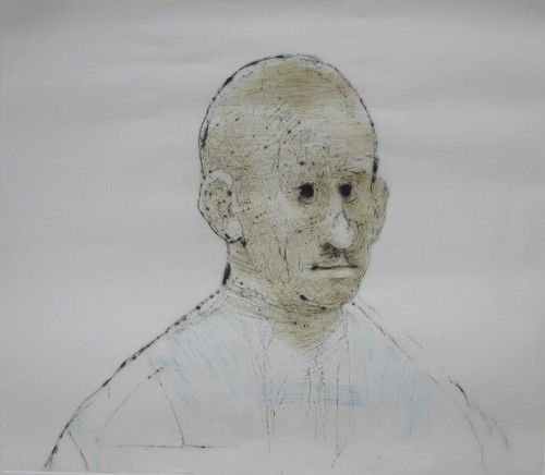 Mauricio Lasansky etching and drypoint: Mauricio Lasansky- Self-Portrait- etching and drypoint in colors, 1997, signed, titled and numbered 29/70 in pencil, minor handling creases, previously rolled. 23 7/8 x 26 3/8''