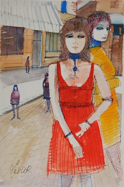 Charles Levier watercolor: Charles Levier- Two Women- watercolor on paper, ca. 1970, signed Levier- lower left, minor handling creases, otherwise very good condition. 24 x 15 1/2''