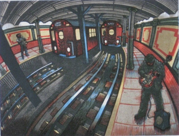 Richard Pantell linocut: Richard Pantell- ''Stereo''- linocut in colors, signed, titled and numbered 79/100, The Print Club of Albany presentation print for 2000, very good condition. 9 x 11 7/8''
