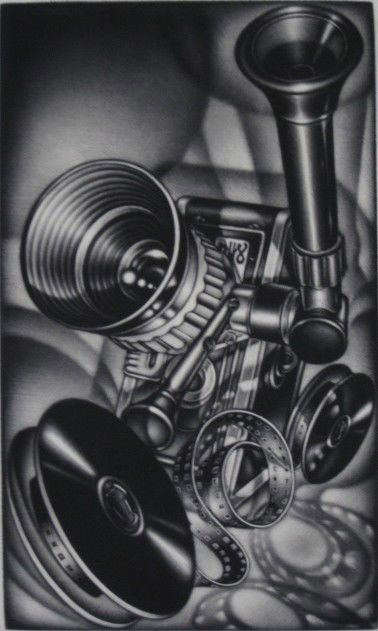 Carol Wax mezzotint: Carol Wax- ''Cinemanic'' (Wax 103)- mezzotint, 2002, signed, dated, titled and numbered 76/160 in pencil, The Print Club of Albany presentation print for 2002, very good condition. 9 3/4 x 5 7/8''