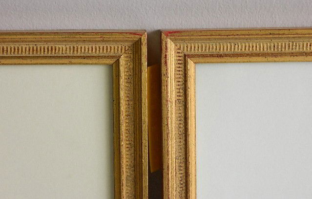 2 Matching gilded gallery frames: 2 Matching gilded gallery frames with dentil moulding, very good condition. int 16 1/4 x 12 1/2'' ea. ext 17 5/8 x 13 7/8 x 5/8'' ea.