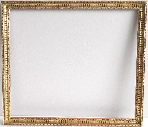 Hand carved gilded over red ground gallery frame: Hand carved gilded over red ground gallery frame with dentil and bead mouldings, very minor losses. int 26 1/4 x 22 3/4'' ext 29 x 25 3/4 x 1''