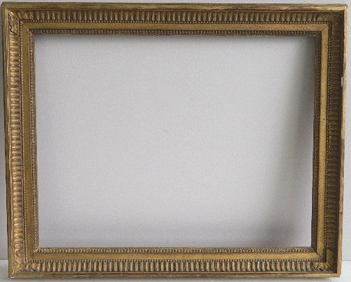 Hand carved gilded frame: Hand carved gilded frame with dentil moulding, one loss right side, other minor losses, framer's label: Lebrun, Paris. int 17 5/8 x 23'' ext 22 1/8 x 27 1/2 x 1 3/4''