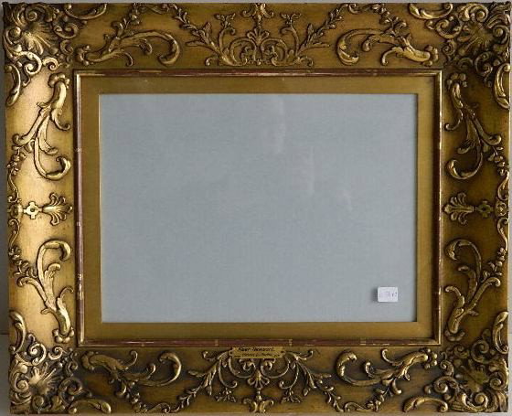 Hand carved gilded frame: Hand carved gilded frame with scroll motif, loss of gilding on rounded inner moulding, otherwise good condition. int 9 7/8 x 13 7/8'' ext 17 7/8 x 21 3/4 x 2 1/4''