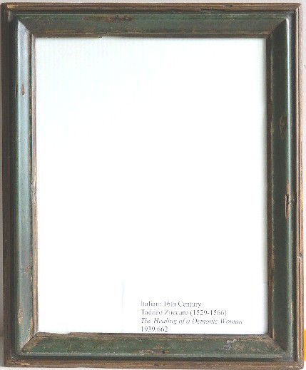 Hand carved wood frame: Hand carved wood frame, main moulding elements painted deep green and hand scraped, some losses. int 16 3/4 x 13'' ext 20 7/8 x 17 1/4 x 1 1/2''