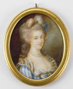 19th c Miniature painting on ivory: Attributed to Rosalba Carriera (Italian 1673-1757) Portrait of a Lady in Pearls miniature on ivory, signed Rosalba lower right, framed in ormolu bronze frame. 2 3/4 x 2 /14'' (o)