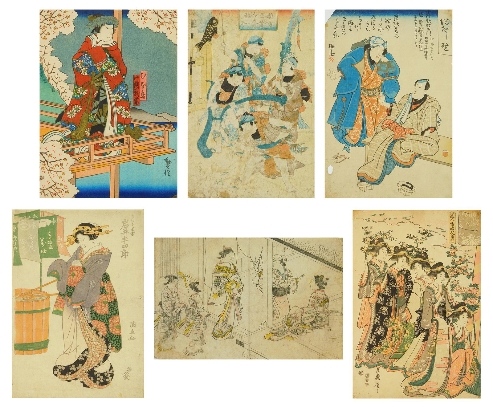 5 Japanese woodblocks in color: 5 Japanese woodblocks in color 1). Hironobu- Figures; 2). Kuninao- Figures; 3). Kunisada- ''Tango No Sekku''; 4). Sukenobu- Figures; 5). Tsukimaro- Figures; 6). Umetatsu- Figures; rough ages and stain
