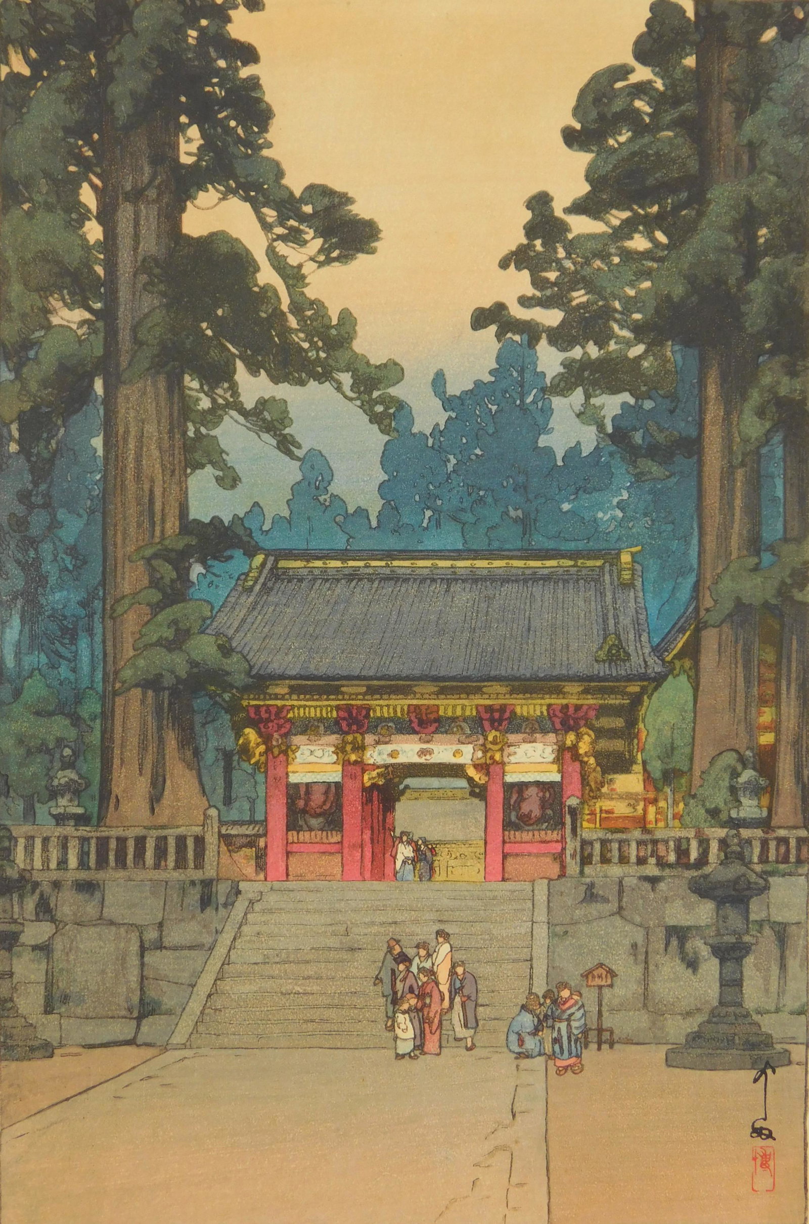 Hiroshi Yoshida woodblock: Hiroshi Yoshida (Japanese 1876-1950) ''Toshogu Shrine'' (Yoshida 223) woodblock in colors, 1937, stamped signature and title, paper age toned. 14 7/8 x 9 3/4''
