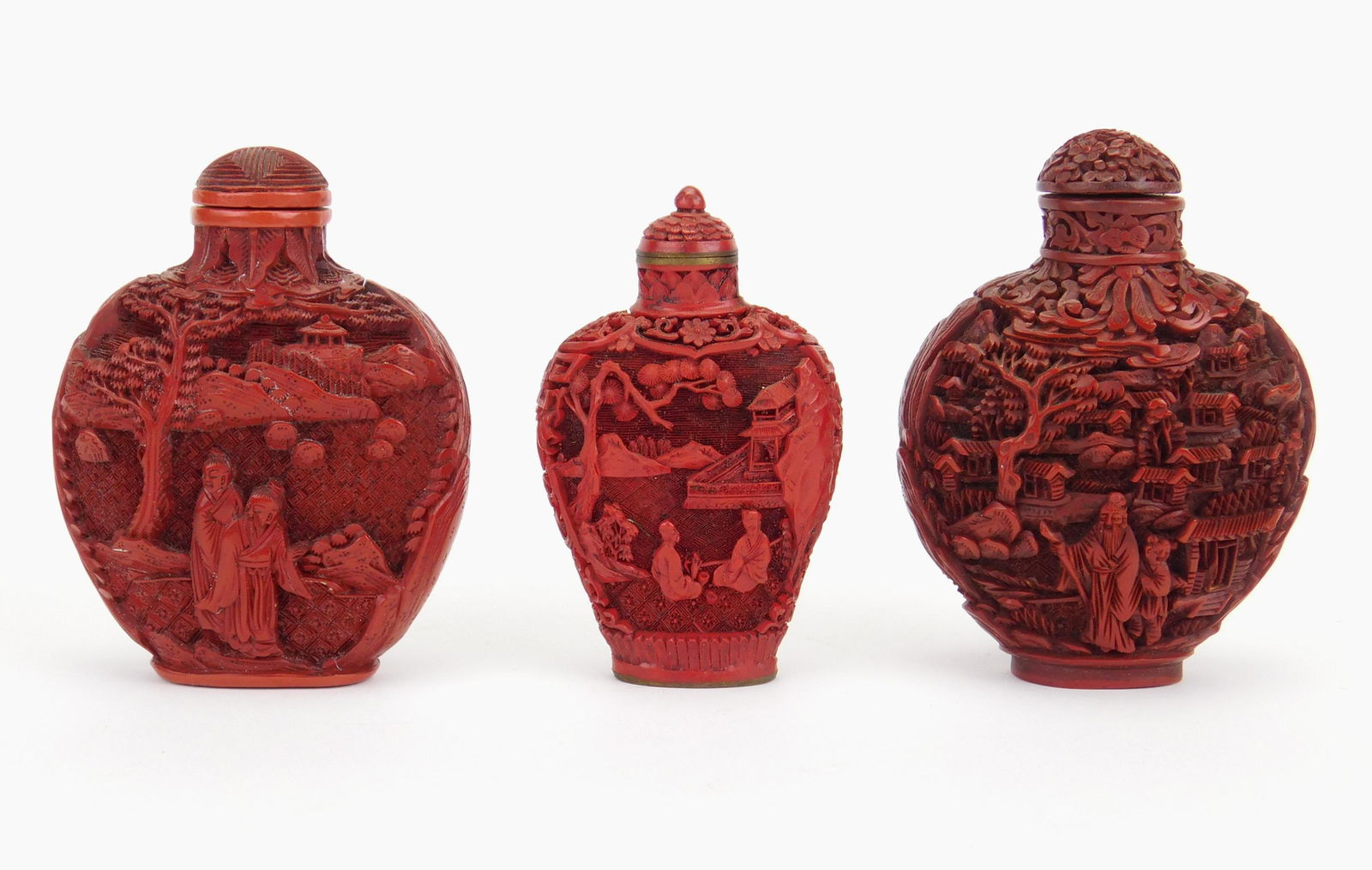 3 Chinese cinnabar snuff bottles (1 of 4)