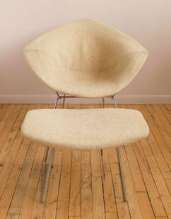 Harry Bertoia Diamond chair and ottoman for Knoll: Harry Bertoia for Knoll International- Diamond Chair and Ottoman, on chrome plated steel wire frames, some staining to upholstery. chair 28 x 45 x 32''