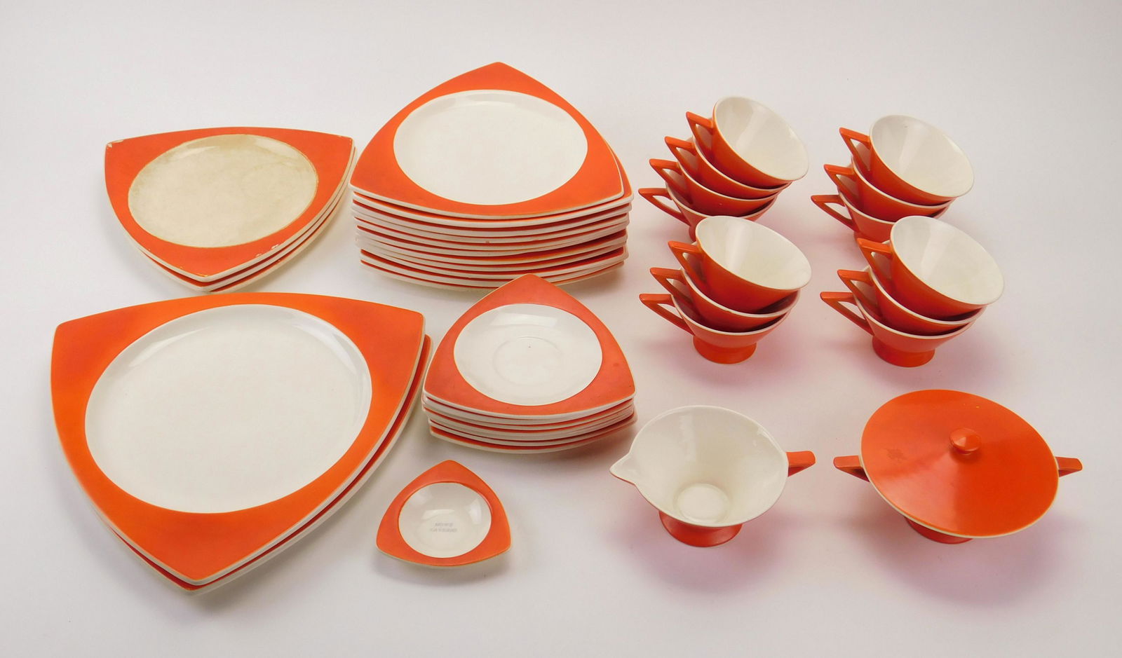 D. Schreckengost Tricorne tableware: Donald A. Schreckengost (American, 1911-2001) Thirty-Seven-Piece Tricorne and Streamline tableware Set, designed 1934, Salem China glazed earthenware, including 13 footed cups, 7 saucers, 9 luncheon p