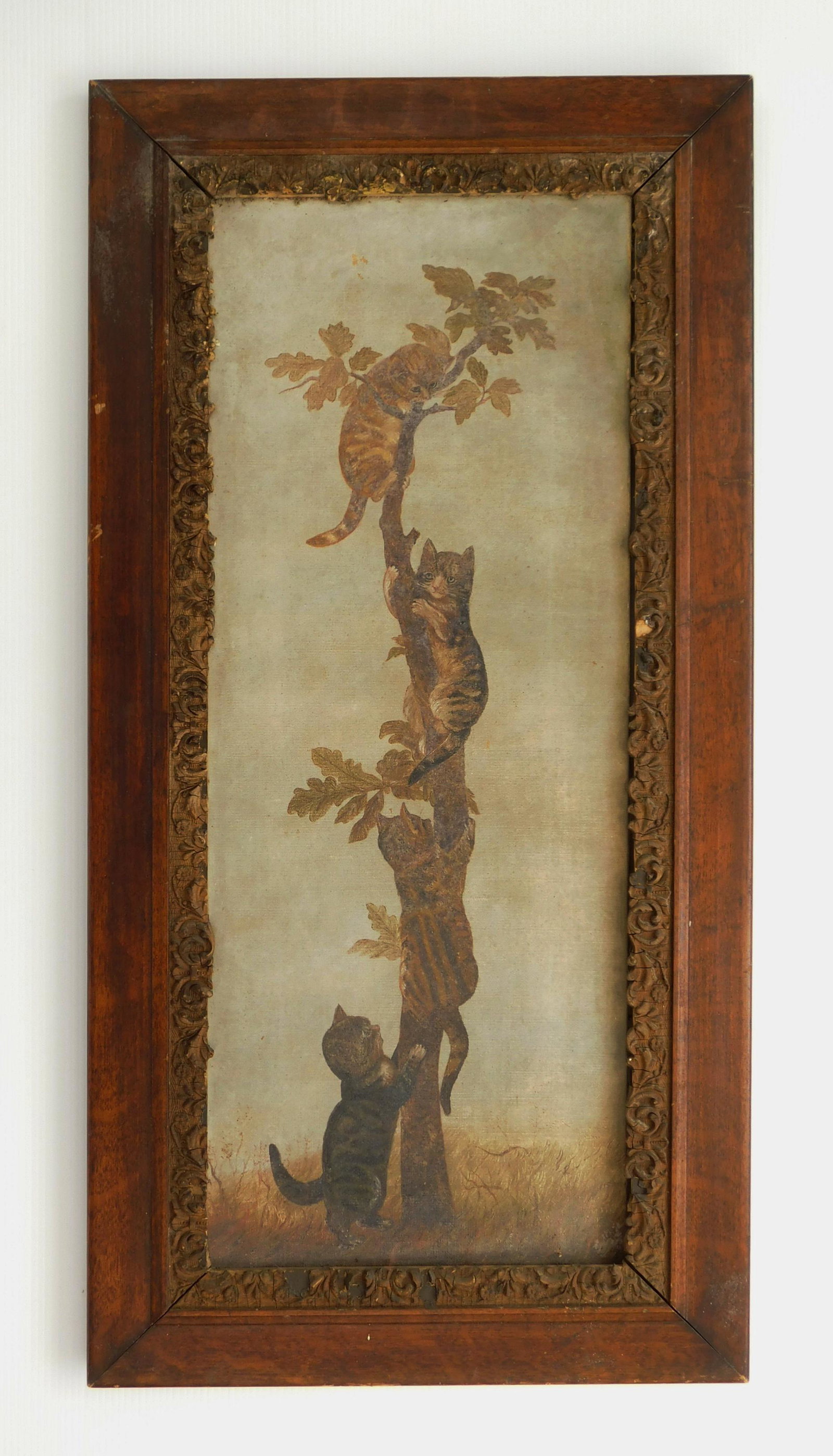 19th c. American School oil: 19th c. American School Kittens in A Tree oil on canvas, framed. 30 x 12''