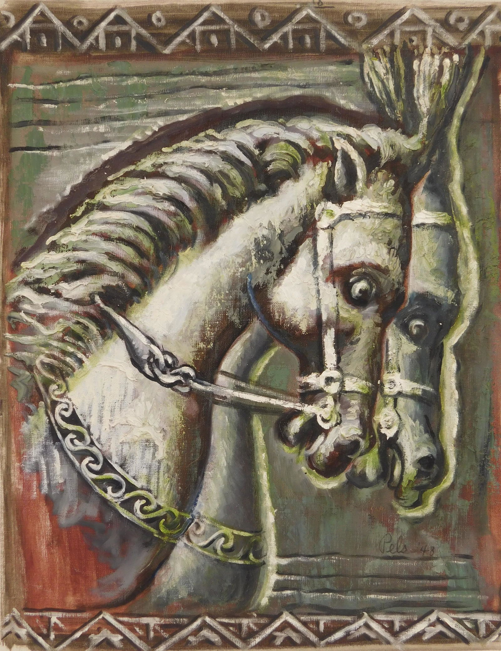 Albert Pels oil: Albert Pels (American 1910-1998) Two Horses (In Profile) oil on canvas, 1948, signed Pels and dated 48 lower right, good condition. 18 x 14''
