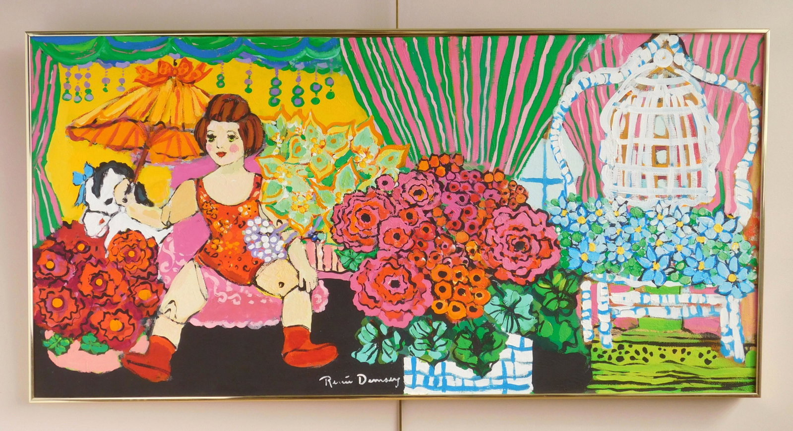 Renee Demsey oil: Renee Demsey (American 1932- ) ''The Doll House'' oil on canvas, signed Renee Demsey lower center and signed and titled verso, good condition. 24 x 48''