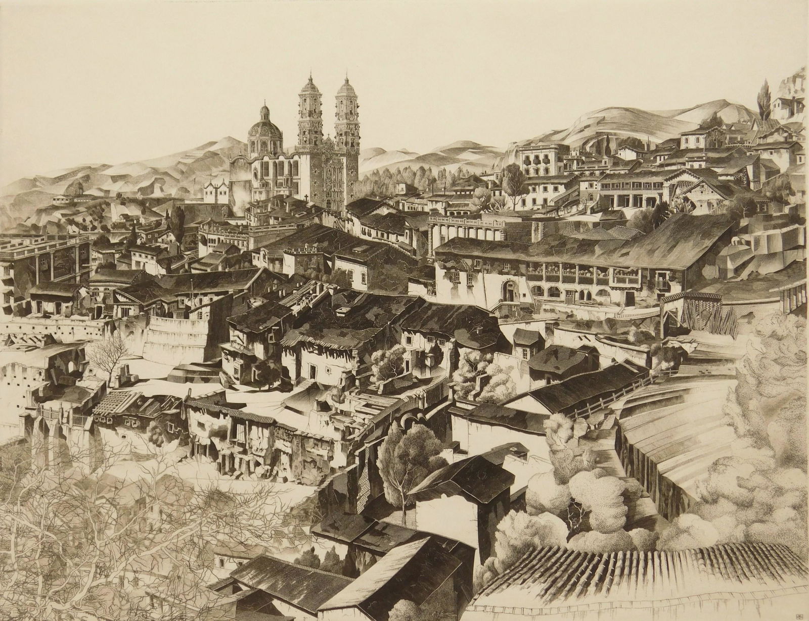 John Taylor Arms etching: John Taylor Arms (American 1887-1953) ''Light and Shade, Taxco'' (Fletcher 394) etching, 1946, signed and dated in pencil, edition of 279, Mexican Series #2. 10 1/2 x 13 3/4''
