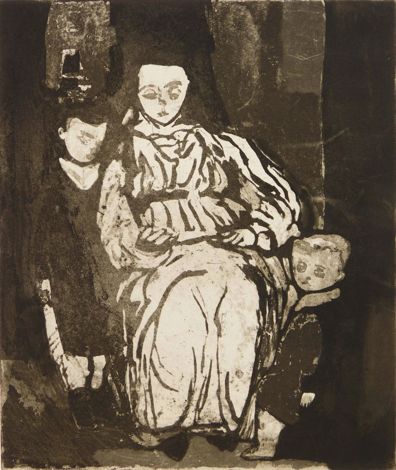 Will Barnet etching: Will Barnet (1911-2012) ''Mother with Little Boys'' (Szoke 89) etching and aquatint, 1942, signed and titled in pencil. 11 3/4 x 9 3/4''