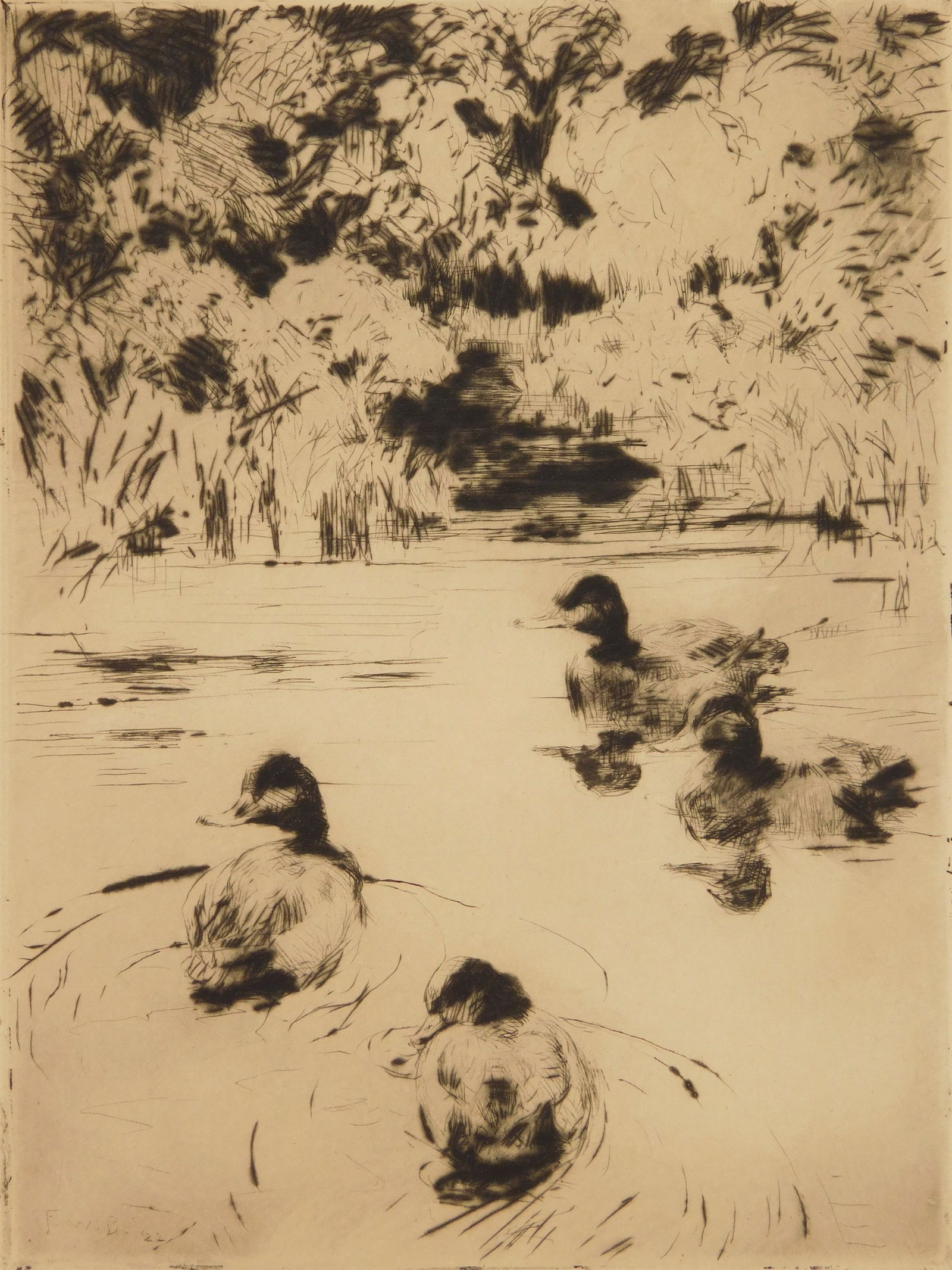Frank Benson drypoint: Frank Benson (1862-1951) ''Broadbills'' (Paff 153) drypoint, 1919, signed in pencil, edition of 155, light struck and mat burn. 9 15/16 x 7 7/8''
