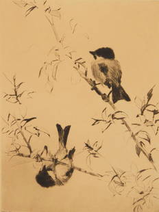 Frank Benson drypoint: Frank Benson (1862-1951) ''Chickadee'' (Paff 168) drypoint, 1919, signed in pencil, edition of 150, light struck and mat burn. 7 7/8 x 6''