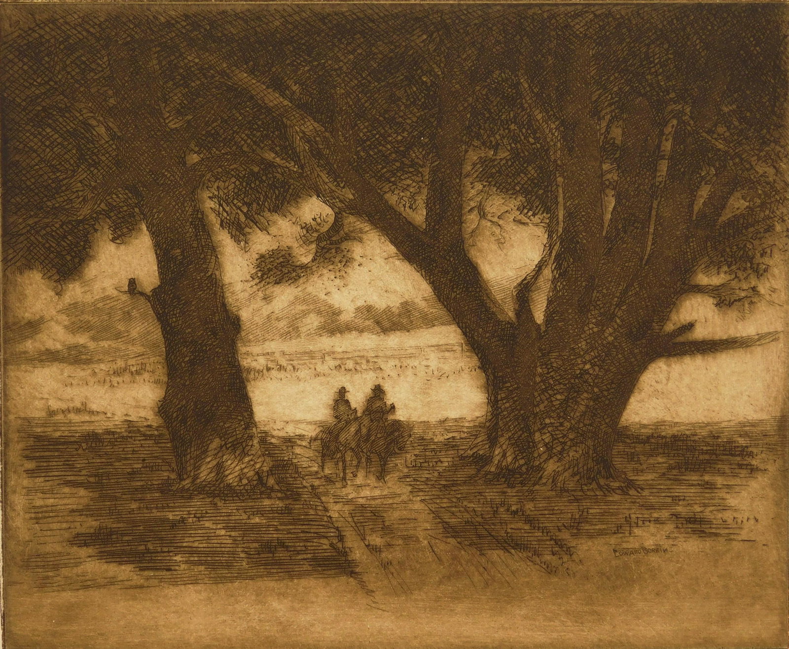 Edward Borein drypoint: Edward Borein (1873-1945) ''Tecolote Ranch'' (Galvin 279) drypoint, ca. 1915, signed in pencil, very good condition. 7 1/2 x 9''