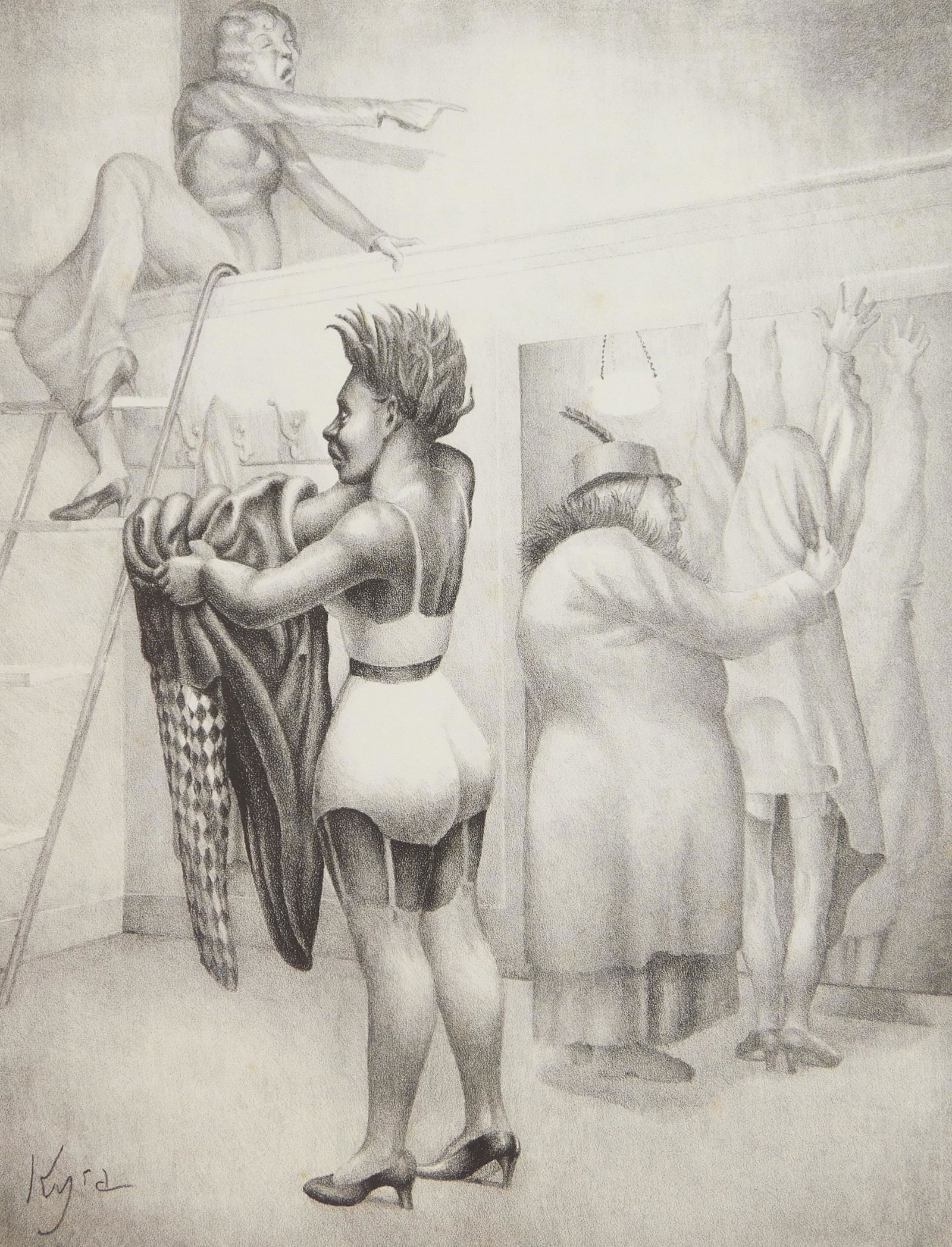 Kyra Markham lithograph: Kyra Markham (1891-1967) ''The Fit Yourself Shop'' lithograph, 1935, signed, dated, titled and numbered 36/50 in pencil, minor foxing and handling creases in margins. 12 1/2 x 9 5/8''