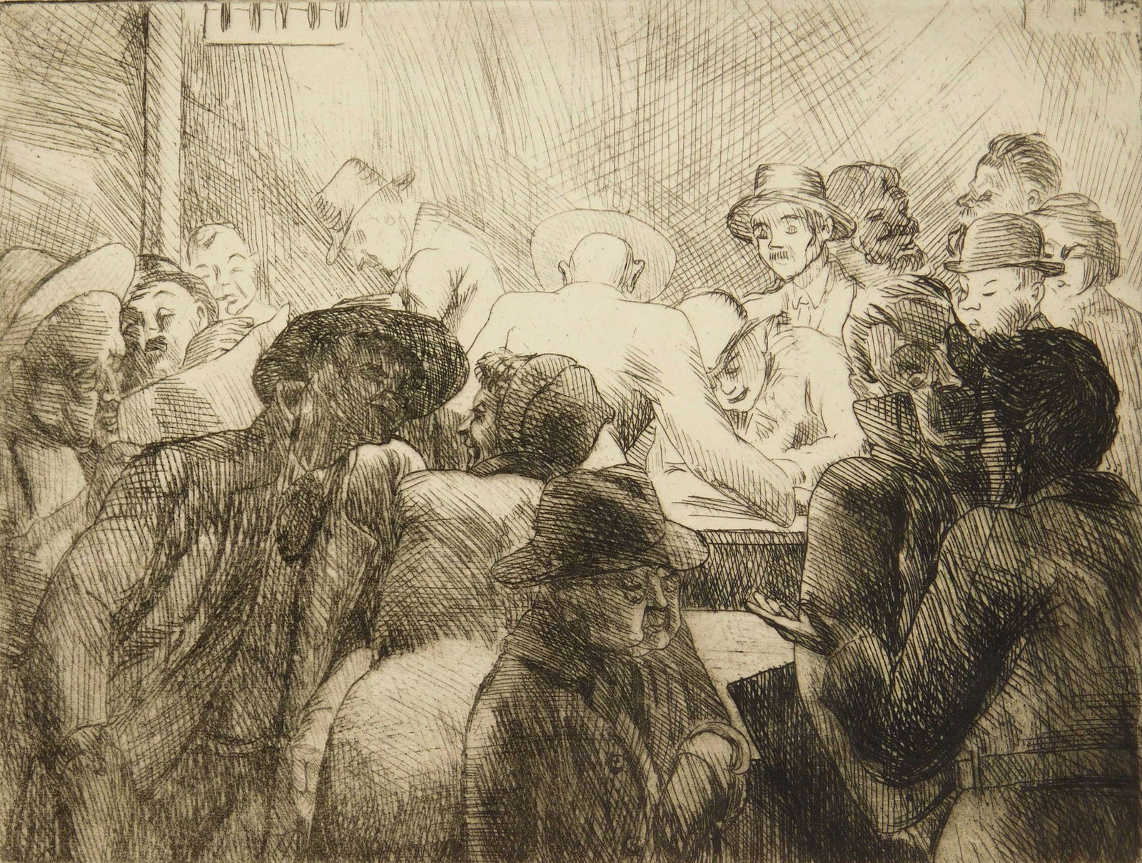 Kyra Markham etching: Kyra Markham (1891-1967) ''Art Gets Paid'' etching, 1937, signed, dated and titled in pencil. 6 x 8''