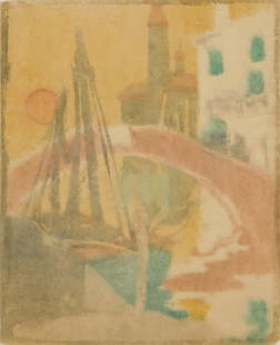 Ethel Mars woodcut in colors: Ethel Mars (1876-1957) ''Barque Devant Au Pont-Venise'' woodcut in colors, ca. 1906, estate stamped verso. 6 3/4 x 5 1/2''