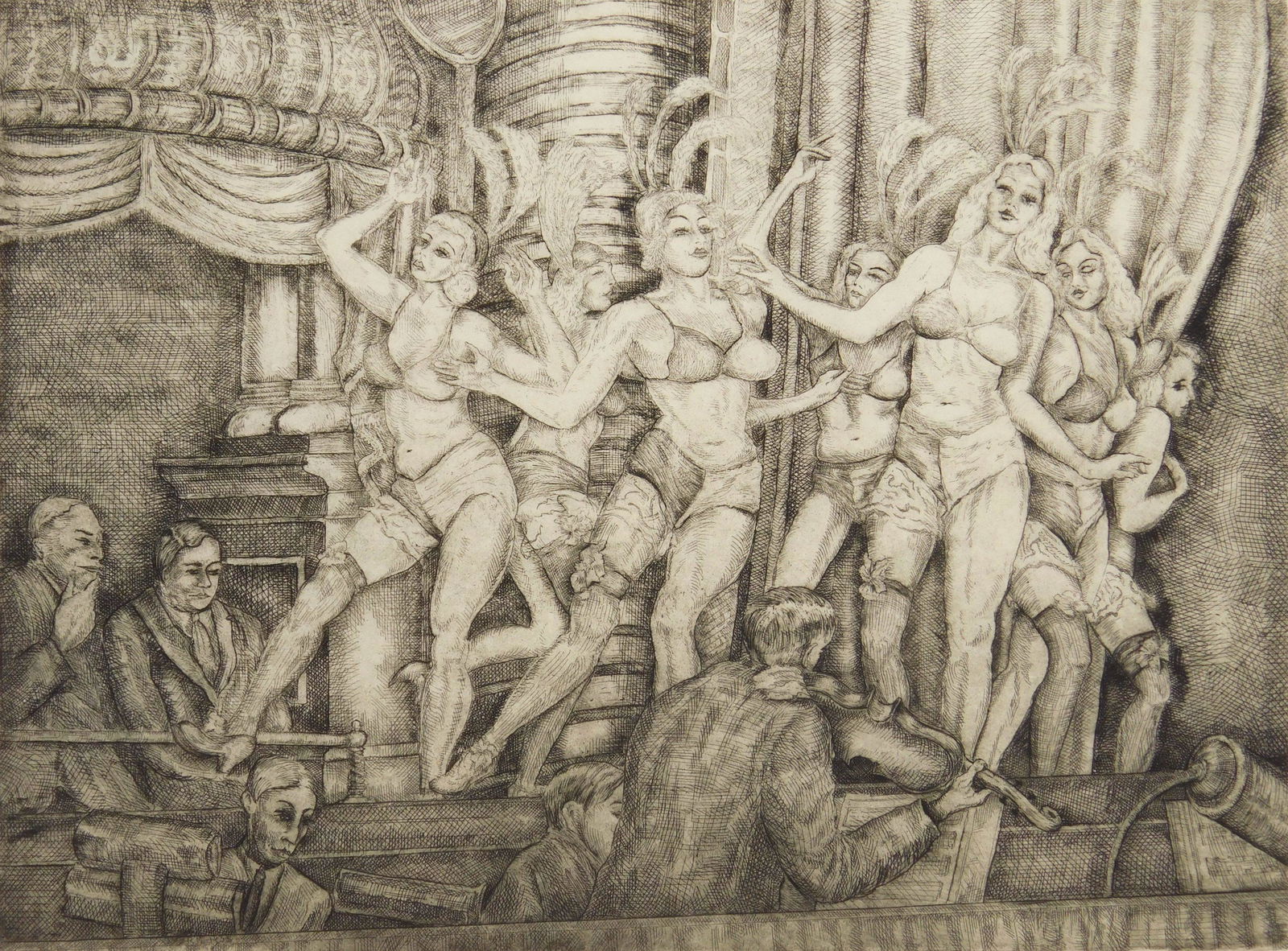 Reginald Marsh etching: Reginald Marsh (1898-1954) ''Minsky's New Gotham Chorus'' etching, ca. 1936, signed titled and annotated in pencil by the artist's wife, Felicia Marsh, this is a variant of Sasowsky 170, very good con