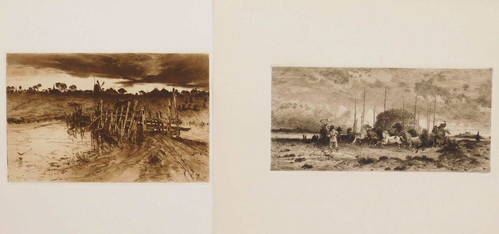 2 etching- Mary Moran & Peter Moran: 2 Moran etchings 1). Mary Nimmo Moran (1842-1899) ''Tween the Gloamin and the Mirk, When the Kye Came Home'' (Klackner 29) etching and roulette on chine colle, 1883, very good condition. 7 3/8 x 11 1/