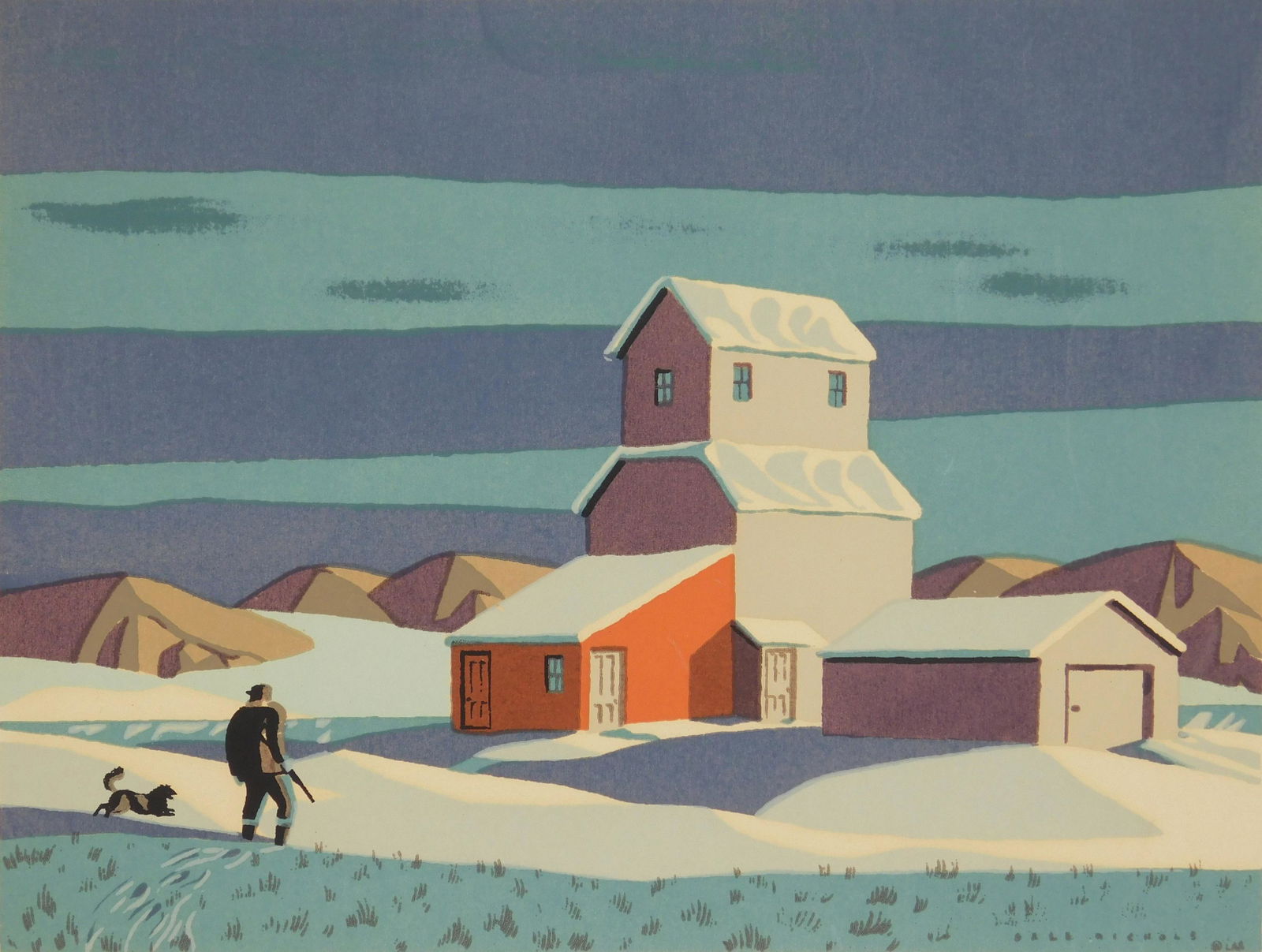 Dale Nichols silkscreen: Dale Nichols (1904-1995) ''The Hunter'' silkscreen in color, ca. 1940, signed in the image, published by Living American Artists. 9 1/8 x 12 1/8''