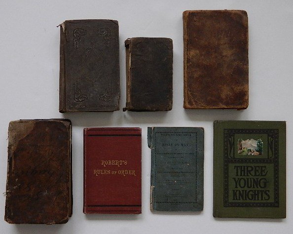 7 books: 7 books- 1. Todd, John. ''Hints Addressed to The Young Man of The United States''. Northampton: J. H. Butler, 1844. 2. Kirkham, Samuel. ''English Grammar in Familiar Lectures''. Rochester, New York: W
