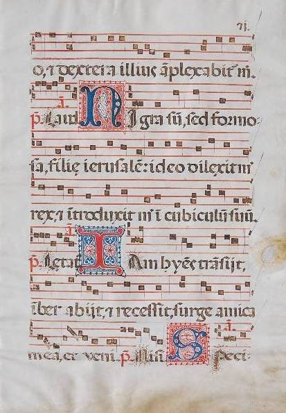 Spanish musical manuscript page: Spanish musical manuscript page, gouache on vellum, stained and loss to sheet. 20 x 13''