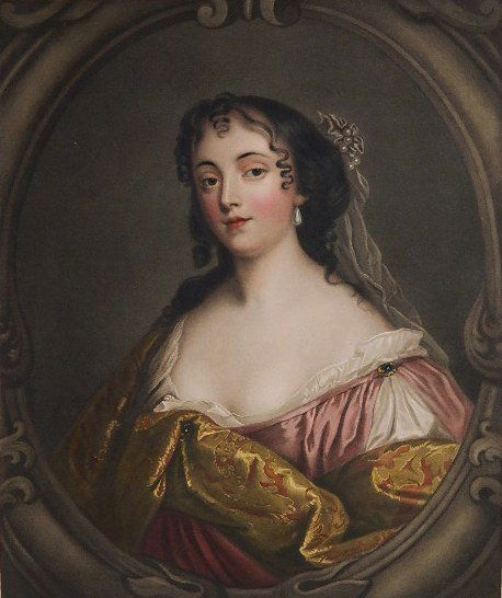after Sir Peter Lely mezzotint: after Sir Peter Lely- ''La Belle Hamilton''- mezzotint in colors, margins stained, paper age toned, some tears in margins. 28 x 23 1/2''