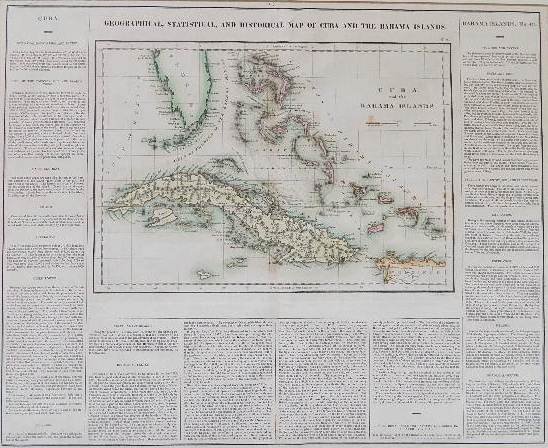 Map of Cuba and The Bahama Island: ''Geographical Statistical and Historical Map of Cuba and The Bahama Island''- hand-colored engraving by B. Tanner, some tears and stains, mounted to cardboard, top mat glued down. 16 1/2 x 20 1/4''