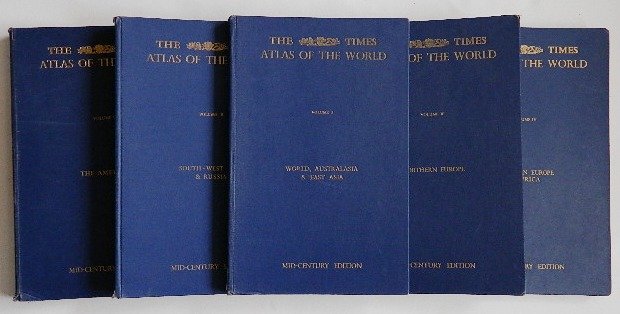 Atlas of the Worlds- 5 vols. 1955-59: Bartholomew, John (ed.)- The Times Atlas of the World. Five Vols. Mid-Century Edition. Vol. 1: World, Australasia and East Asia. Vol. II: South-West Asia & Russia. Vol. III: Northern Europe. Vol. IV. 